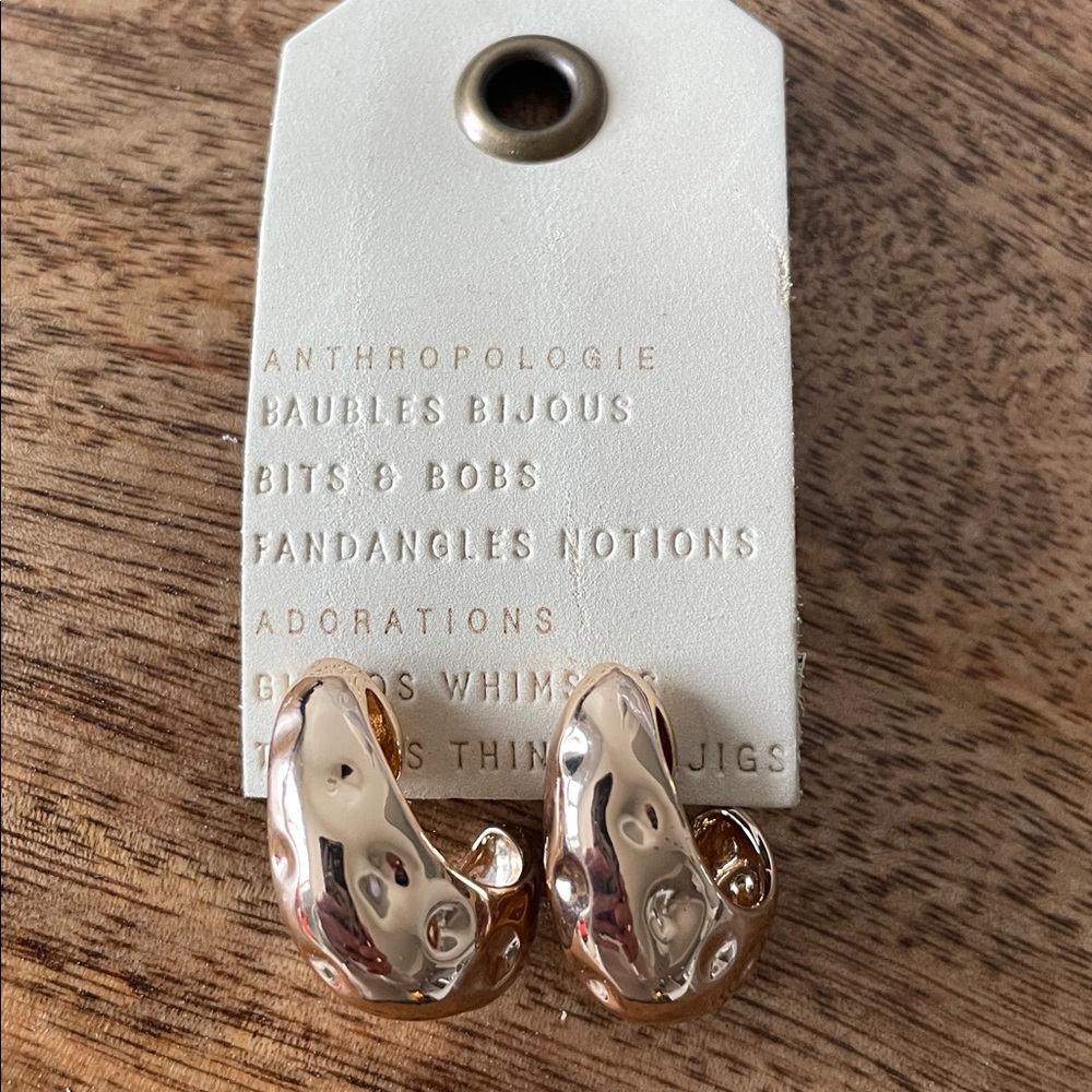 Anthropologie Hammered Gold Tone Puffy Hoop‎ Earrings